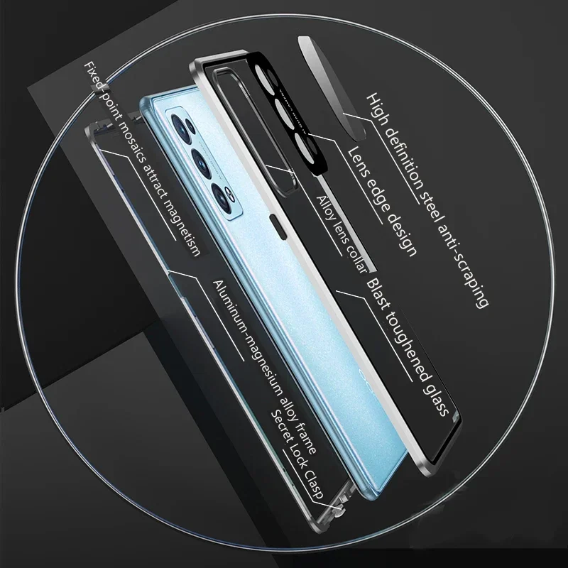 OPPO Reno 12 F 11F 8T 10 Pro Plus 5G용 메탈 마그네틱 양면 강화유리 스냅락 폰 케이스 (풀 렌즈 보호 커버)