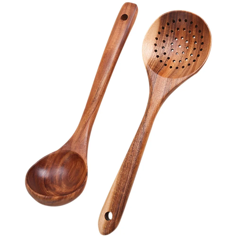 

2Pcs Wooden Spoons Slotted Kitchen Utensils Reusable Daily Serving Tools H crafted Home Hotel Restaurant Use