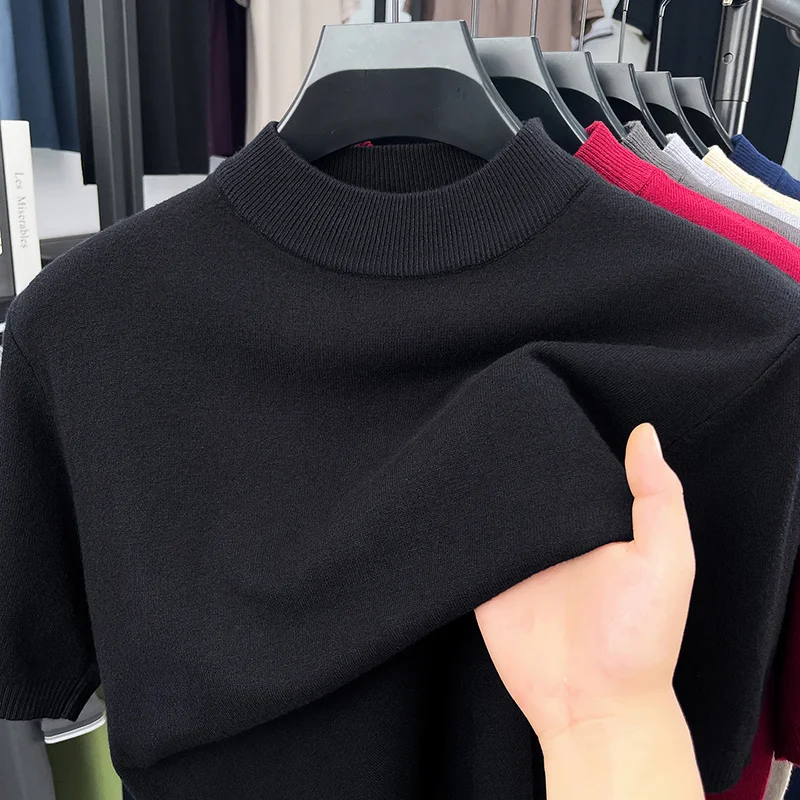 Herren Einfarbige Mock-Neck Kurzarm-Strick-T-Shirts Lässige Basis-Oberteile Weich Dehnbar Knitterfrei Für Alle Jahreszeiten Geeignet – Detail 9