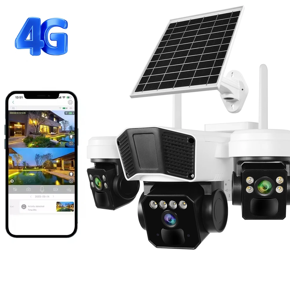

9MP Outdoor 3 Lens AOV Solar Surveillance Ip Camera 4G SIM Card Ptz Ai Solar CCTV Security Camera with Solar Panels