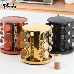 Stainless Steel Rotating Seasoning Rack With 12PC Glass Spice Jar Multifunction Seasoning Set Kitchen Salt Shaker Pepper Bottles