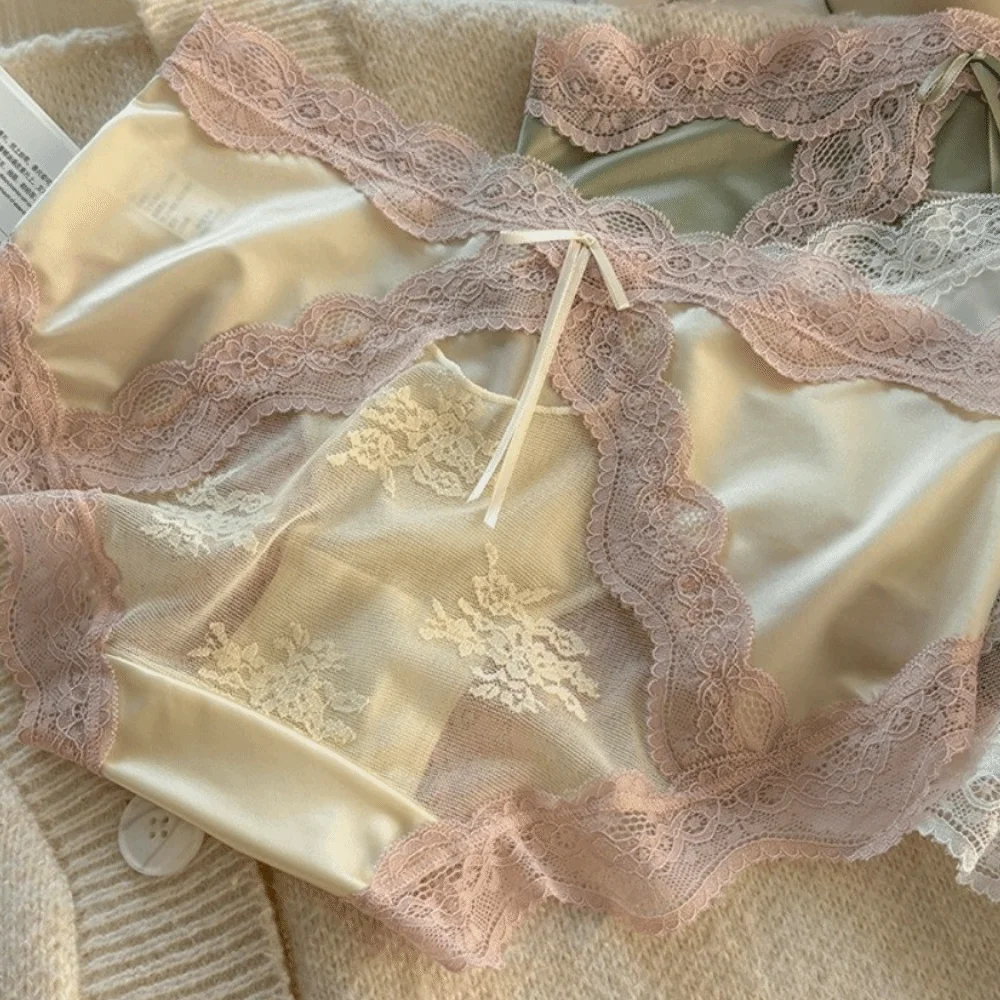 Panty Mid Waist Lace Satin Panties Sweet Mesh Bow Briefs Invisible Patchwork Transparent Briefs Girls