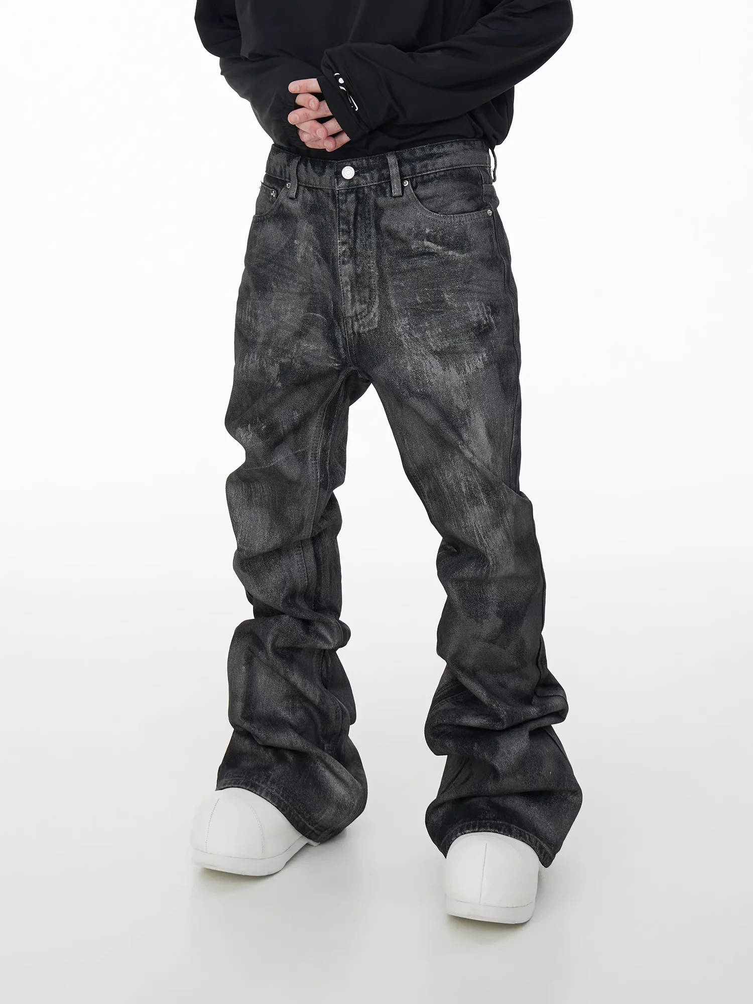 

Owen Seak Men‘s Oil wax Jeans Classic Denim Gothic Man Coated Casual Flared Trousers High Street Solid Designer luxury Pants