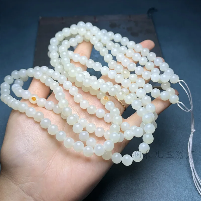 Necklace Natural , Hetian White Jade 8Mm 108 Beads, Genuine Color Multi-Loop Bracelet With Skin