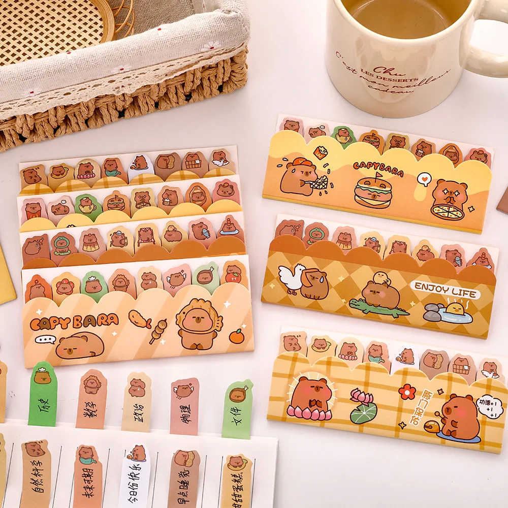 Stiker Tempel Kawaii Capybara Berdiri di Antrian 8*15Pcs, Stiker Indeks Lucu untuk Pelajar, Stiker Post-it Hydrangea, Stiker yang Dapat Digunakan Kembali