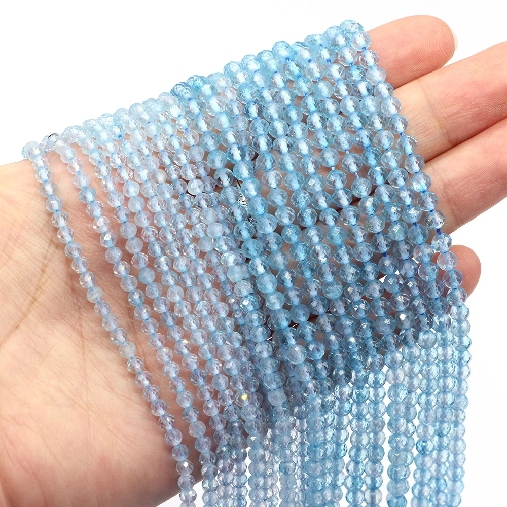 Venta al por mayor de cuentas de gemas sueltas redondas facetadas de topacio azul Natural de 2mm, 3mm y 4mm para hacer joyería DIY, collar, pulsera, manualidades, regalo