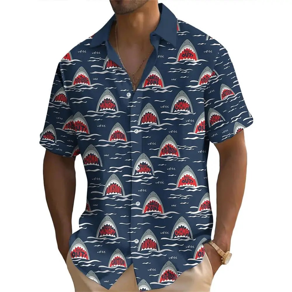 Summer Fashion Cartoon Ocean Overlord Shark Print Men\'s Short Sleeve Casual Print Top Seaside Vacation Travel Wear Oversized Top