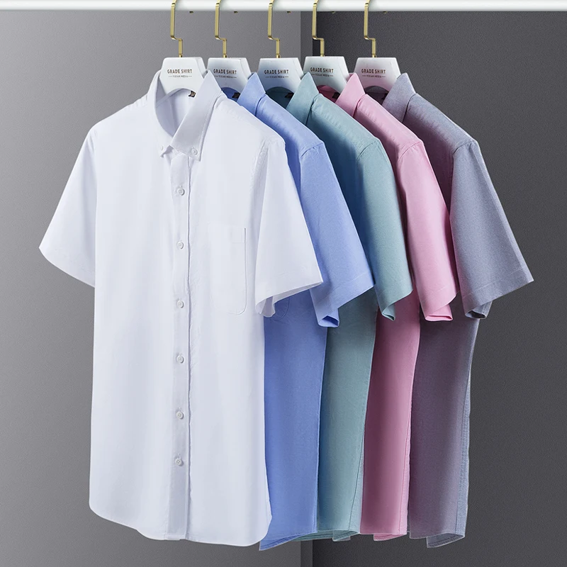 2023 Summer High Quality Cotton  Men Shirts Short Sleeve Dress Shirts Male Slim Social Business Blouse Solid Color Oxford Shirt