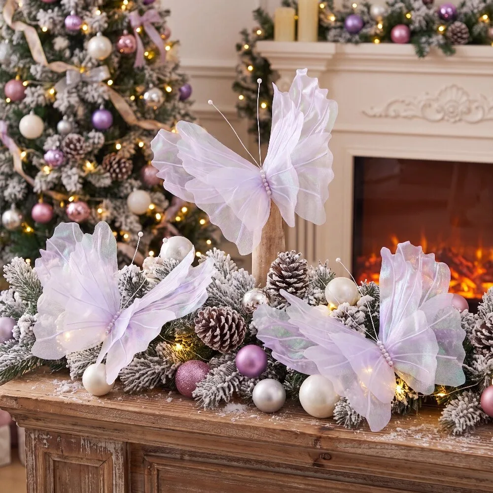 3 große hängende Weihnachtsschmetterlingsdekorationen, synthetische Schmetterlinge mit Laserglanz, Weihnachtsbaumschmuck – Detail 7
