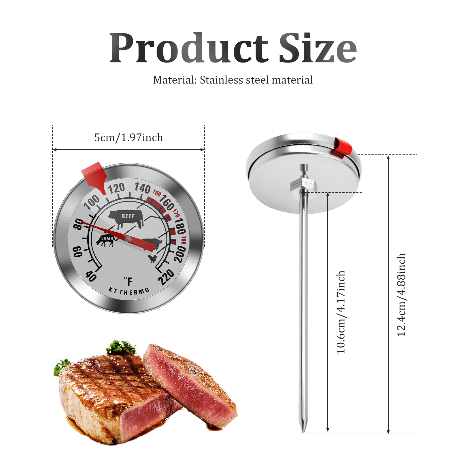 304 Stainless Steel Meat Thermometer r 40°F–220°F Probe Cooking Thermometer with Meat Icon Guide for Grilling Steak Fried Baking
