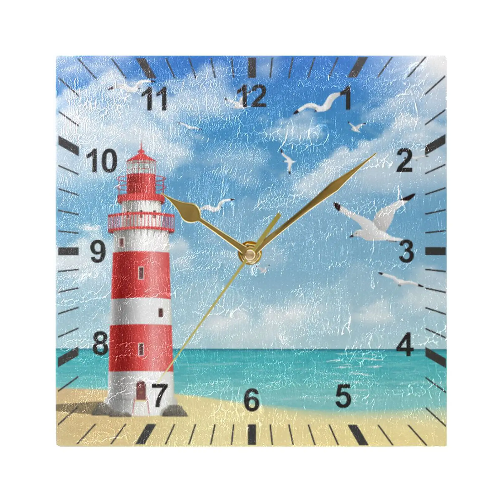 Lighthouse On The Beach With Seagull Square Silent Wall Clock Art Decor Living Room Bedroom Non-Ticking Hanging Wall Watch