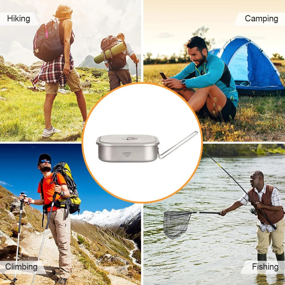 1100ml Ultralight Titanium Lunch Box with Foldable Handle for Outdoor Camping Hiking Backpacking Picnic