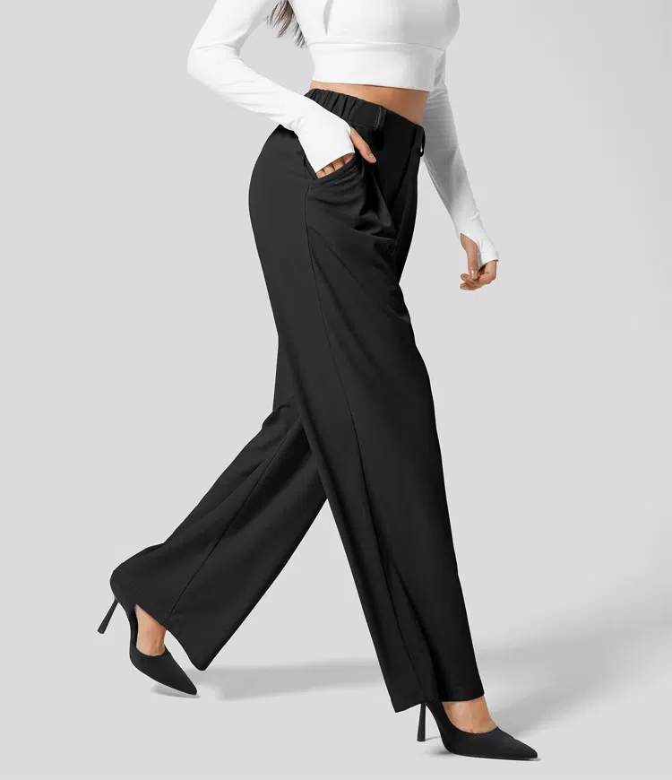 Damenhose, karierte, figurbetonte Hose mit weitem Bein und Taschen, hochtaillierte, lässige, figurbetonte Hose mit weitem Bein für Damen. – Detail 7