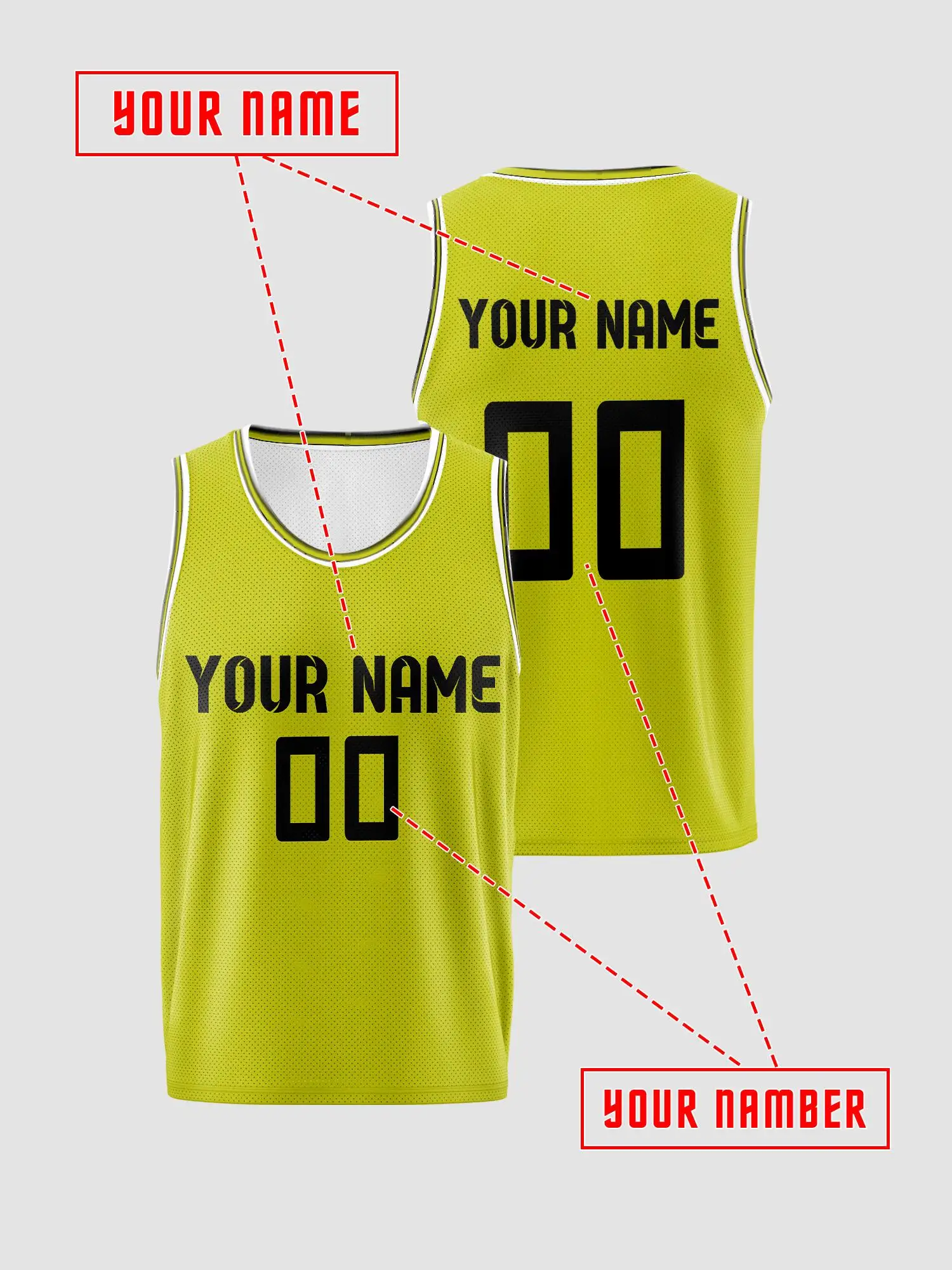 Lime‑Yellow White‑Trim Custom Kids Basketball Jersey, Breathable Mesh Quick‑Dry Sport Tank With Personalized Name Number