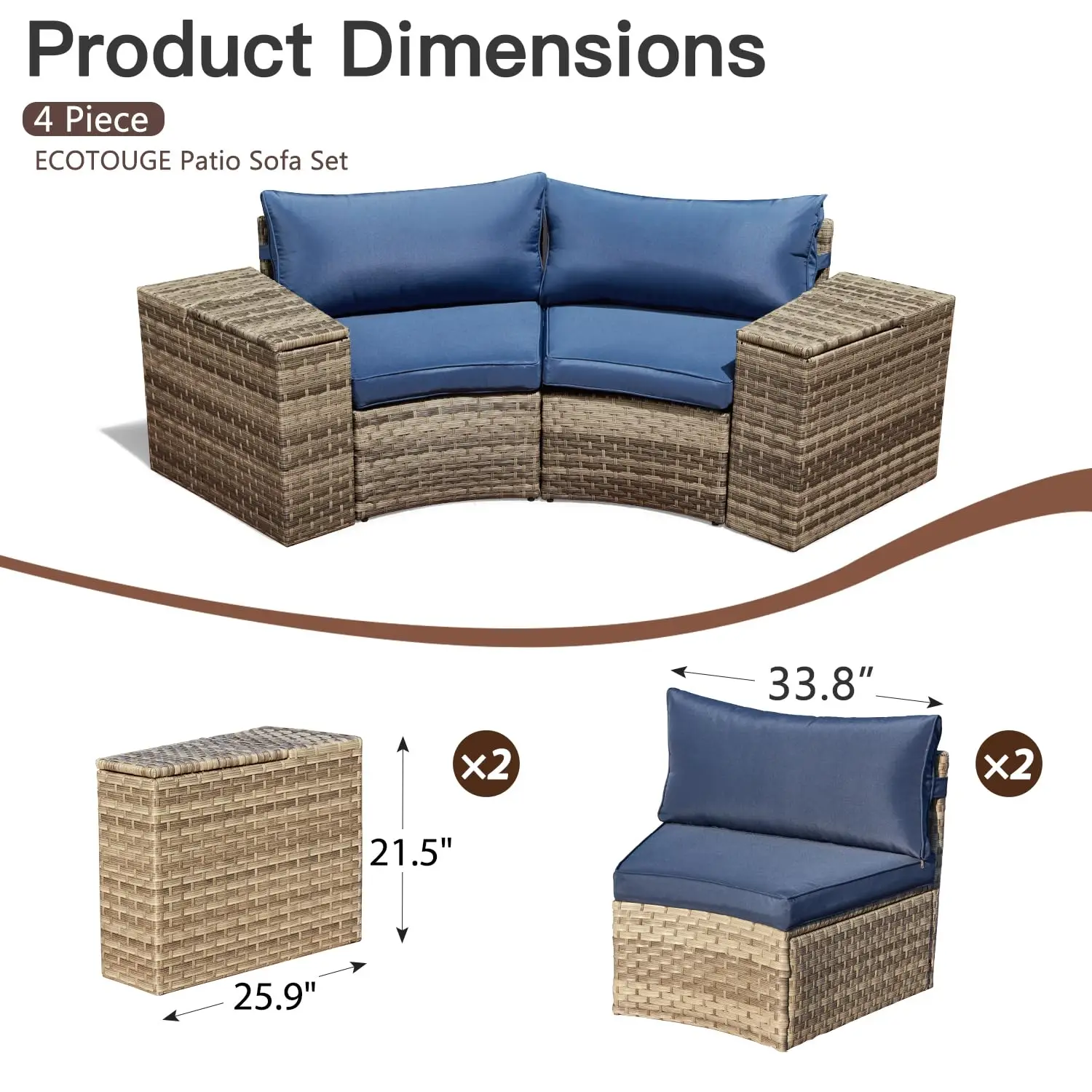 Half-Moon Wicker Rattan Patio Sectional Sofa Set 4-Piece Outdoor Garden Furniture, Customized