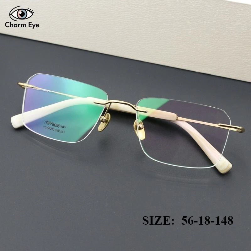 

New White Buffalo Horn Myopia Pure Titanium Eyeglass Frame Men Frameless Business Myopia Anti Blue Light Computer Office Glasses