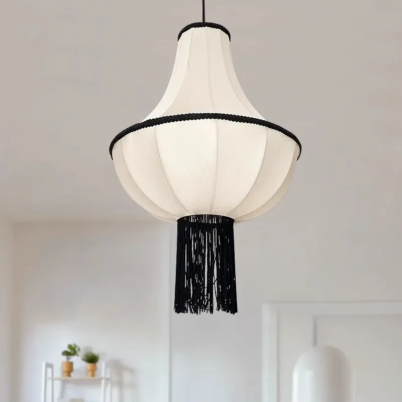 Japonês retro wabi sabi pano branco luz pingente sala de jantar quarto tecido borla droplight decoração para casa lâmpada luminárias interiores