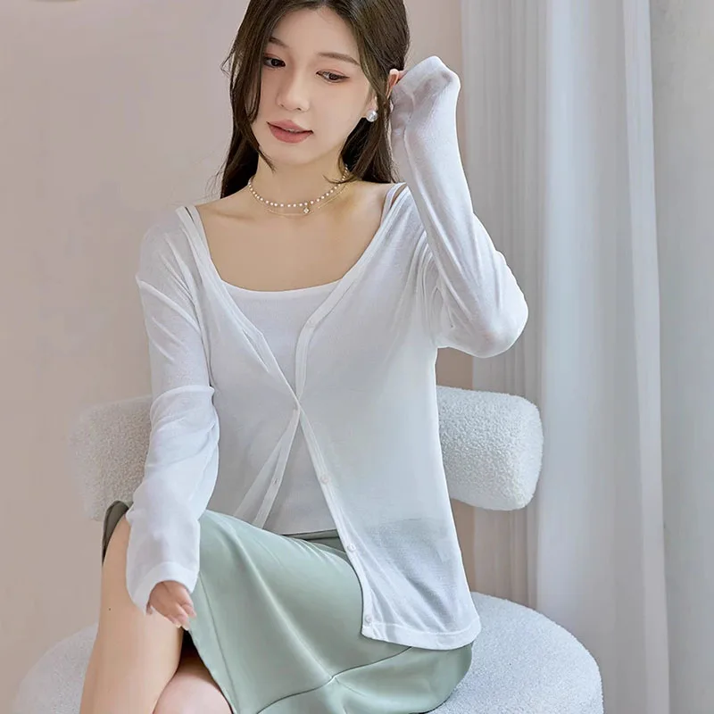 女性の薄いニットカーディガン 2025 春夏長袖日焼け防止カーディガン女性固体ボタンアップ V ネック生き抜く