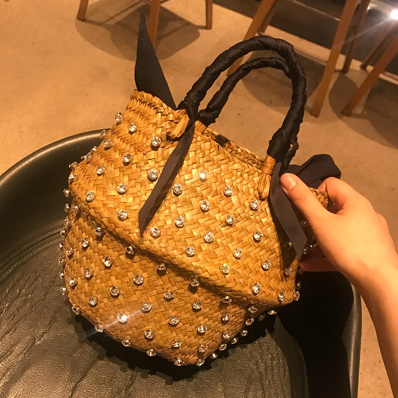 Handmade Sewing Holiday Fashion Crystal Woven Basket Diamond Tote Luxury Beach Resort Retro Handbag Bag Women Design Straw 2023