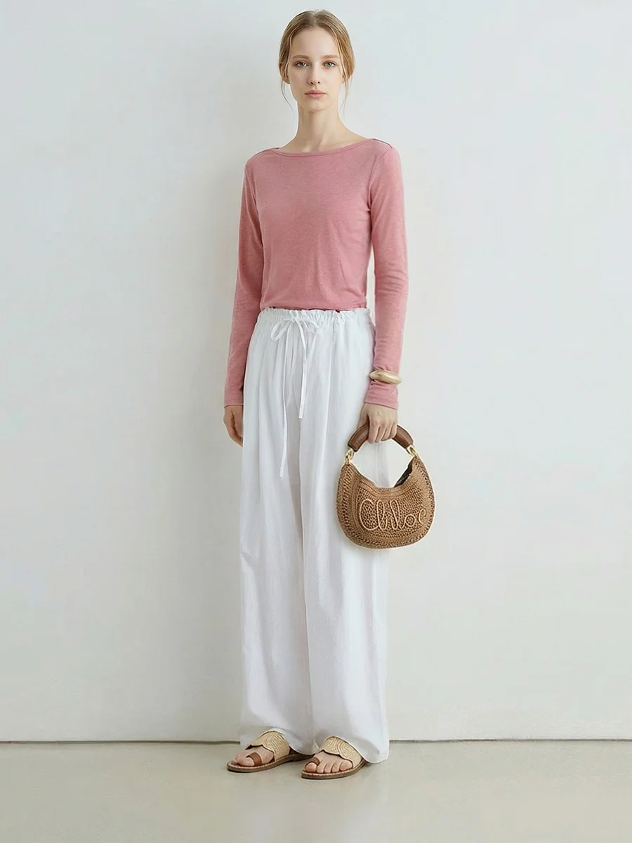 

Early Spring 2026 Women's Casual Straight Leg Cotton Elastic Waist Hemmed Pants Korean Sle High Waist Trousers for Commuting
