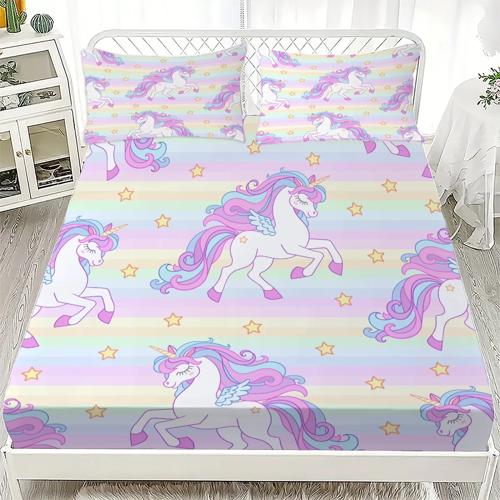 

3D Unicorn Pattern Bedding Lovely Printed Fitted Sheet Including 1/2 Pillowcases Customized For Boys and Girls Kids Decor