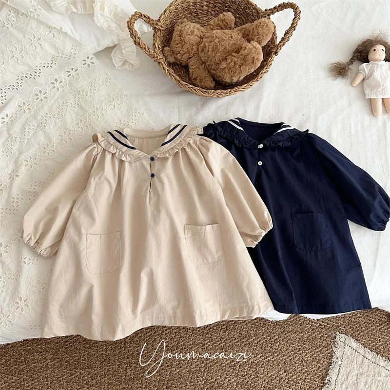 

Children Dress 2025 Autumn New Children's Contrast Lace Collar Navy Dress Girl Baby Pocket Long Sleeve Skirt