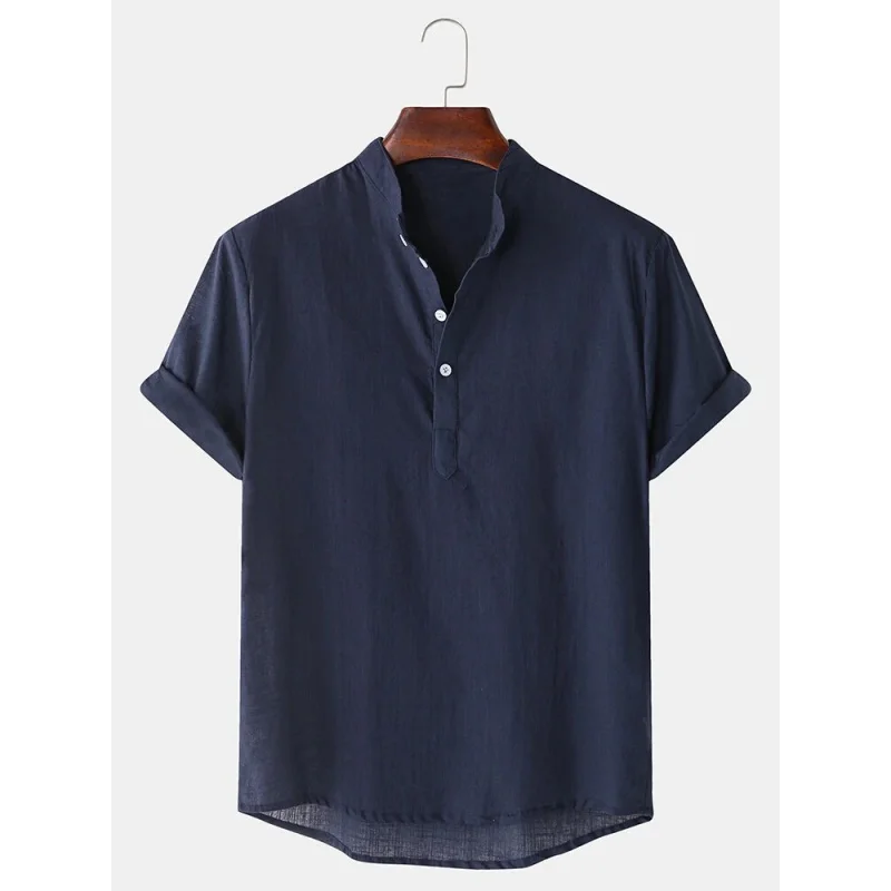 SZYL-Camisa de manga corta de algodón y lino para hombre, camisa informal de cuello alto, camisa de verano de Color sólido, Dropshippin de una pieza