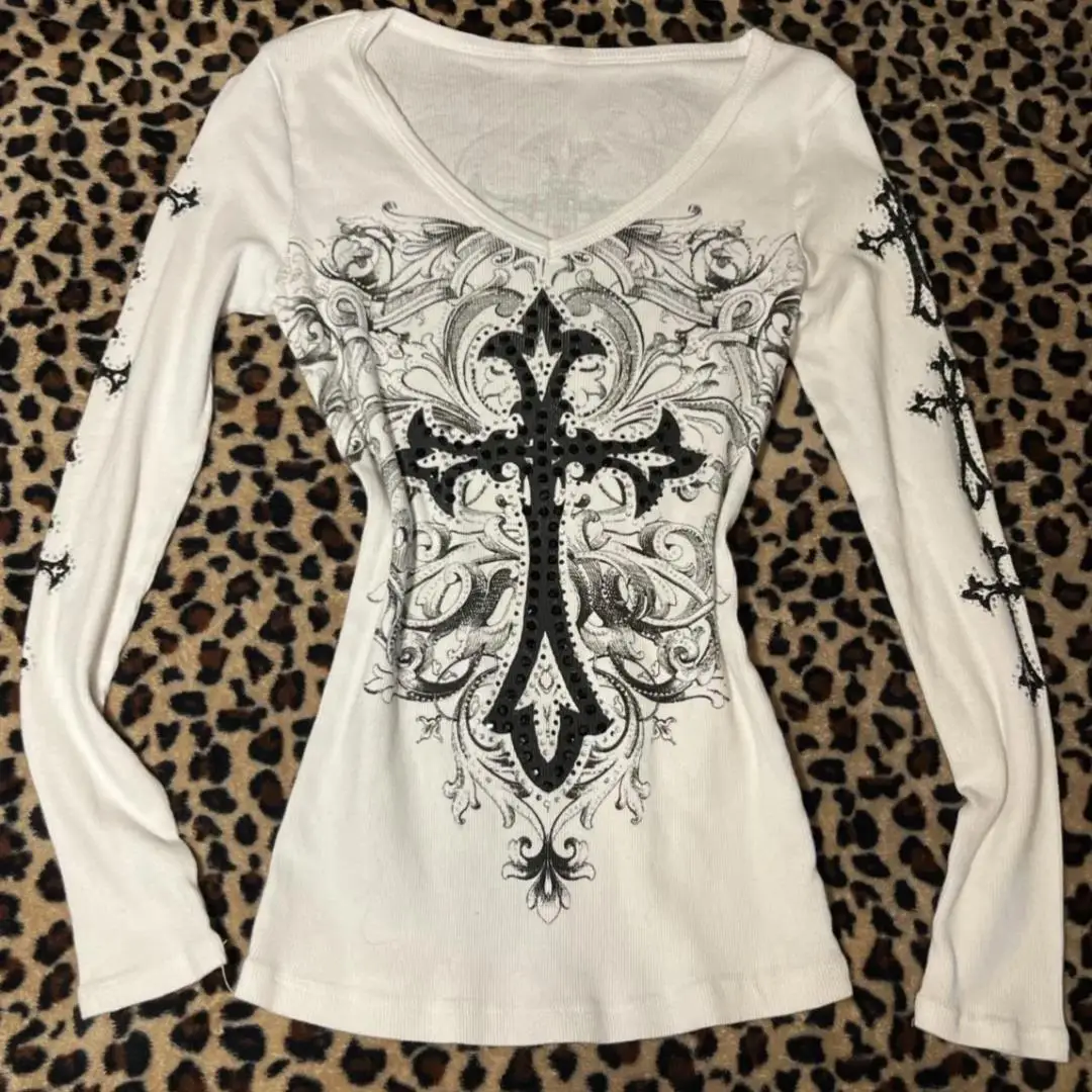 

Harajuku Vintage Cross Printing T-shirts Streetwear White Y2k Aesthetic Loose Sexy Tshirts Women Grunge Diamond Autumn Tops