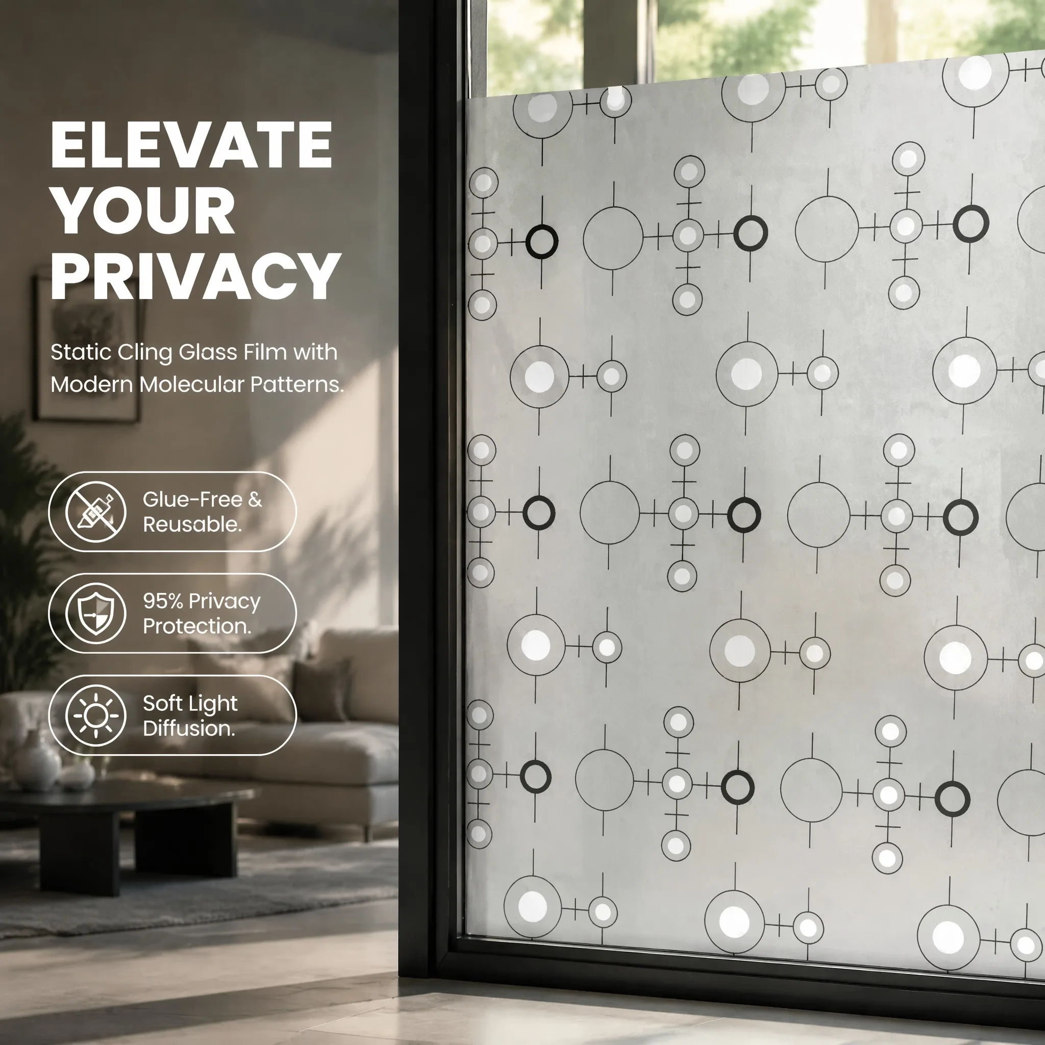 Self-Adhesive Modern Molecular Circle Frosted Window Film, Waterproof 95% Privacy Removable No Residue Geometric Glass Sticker f