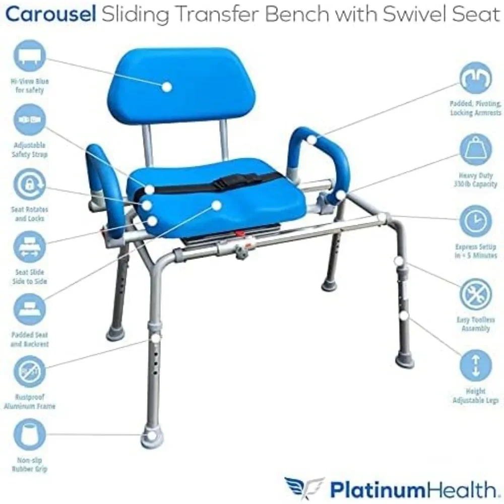 Carousel Sliding Shower Chair Tub Transfer Bench with Swivel Seat, Premium Padded Bath, with Pivoting Arms, Adjustable Space