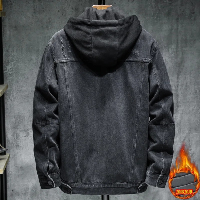 

Fashion brand thickened denim jacket men's autumn and winter hooded youth cotton warm detachable jacket denim coat