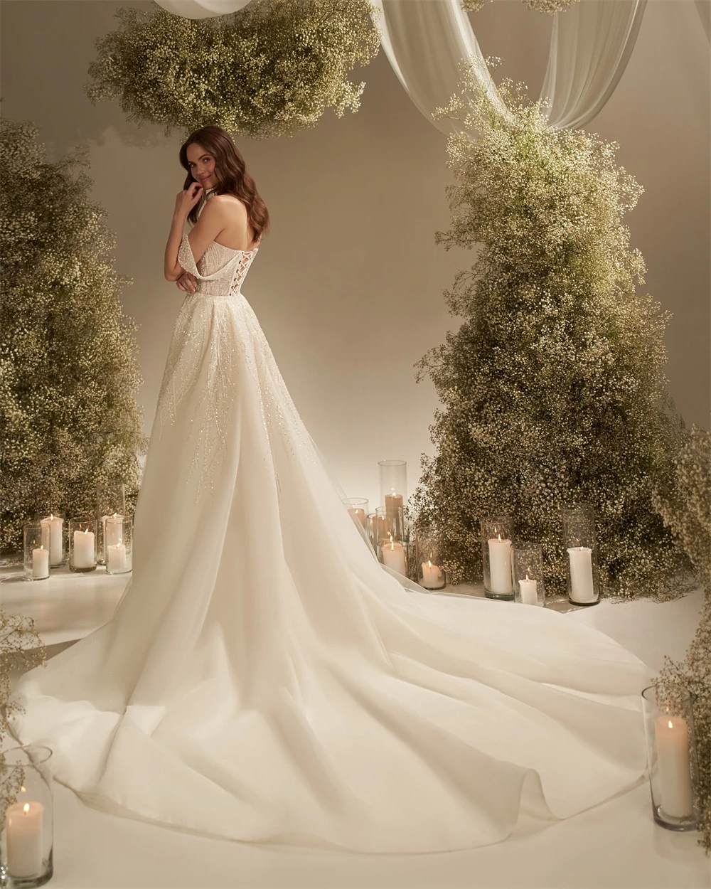 Customized Sexy Ivory Organza Wedding Dress Soft Sweetheart Off the Shoulder Bridal Gown Boho Mermaid Chapel Train Bridal Party