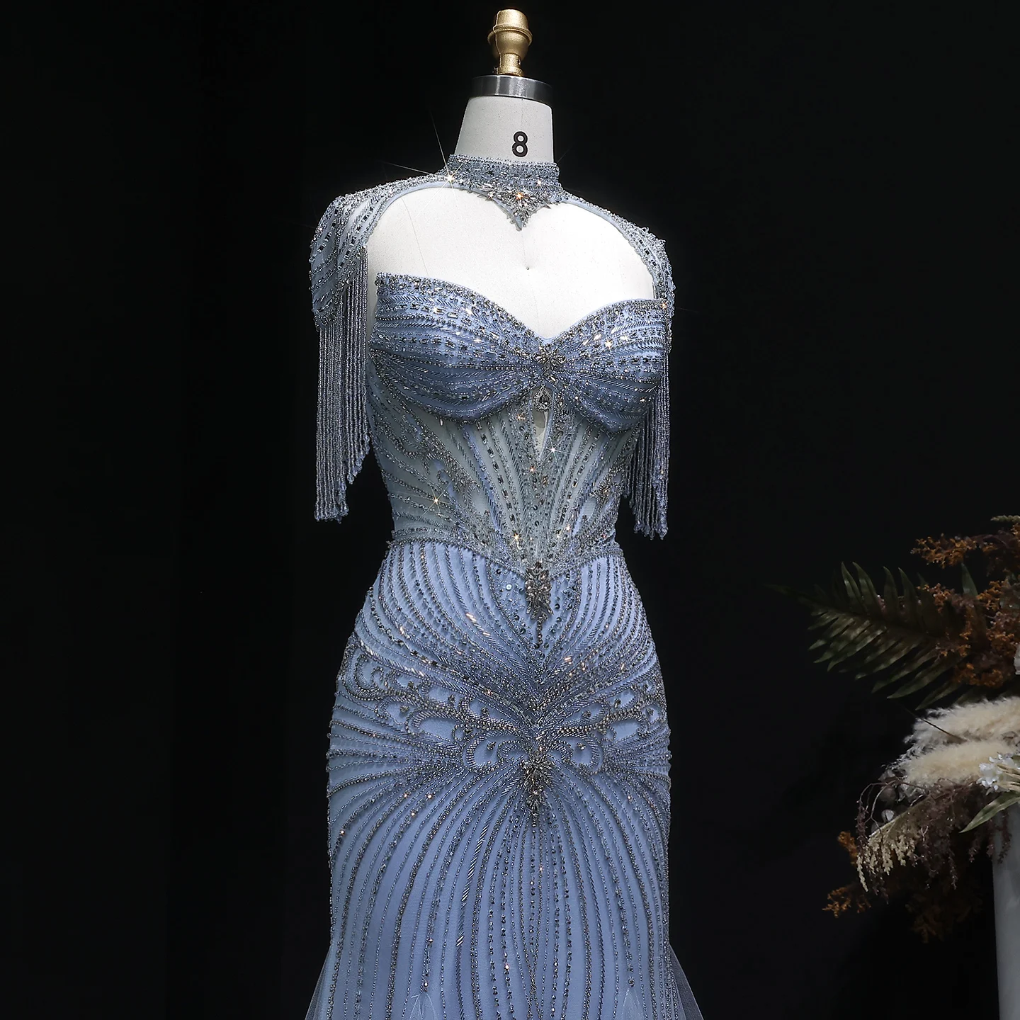 Sharon Said Elegantes Champagner-Meerjungfrauenkleid mit Cape-Ärmeln, Kristallperlen, Blaues Hochzeitskleid, SS021, Maßanfertigung – Detail 24
