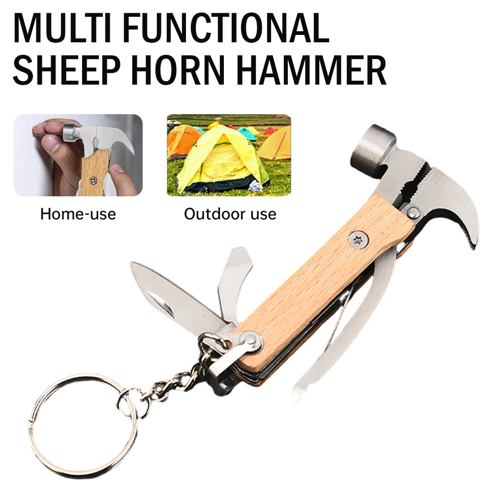 Multifunctional Hammer Outdoor Portable Mini Beech Hammer Stainless Steel Knife Bottle Opener With Keychain