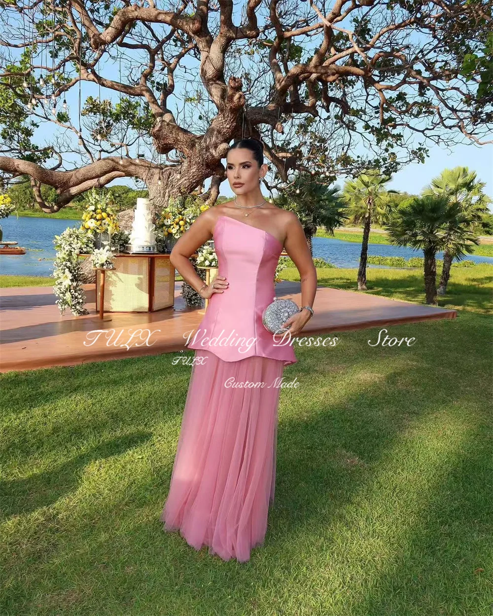 TULX gracieux rose arabie saoudite robe de soirée bal a-ligne robe longue couches sur mesure robes d'occasion robe formelle personnalisée