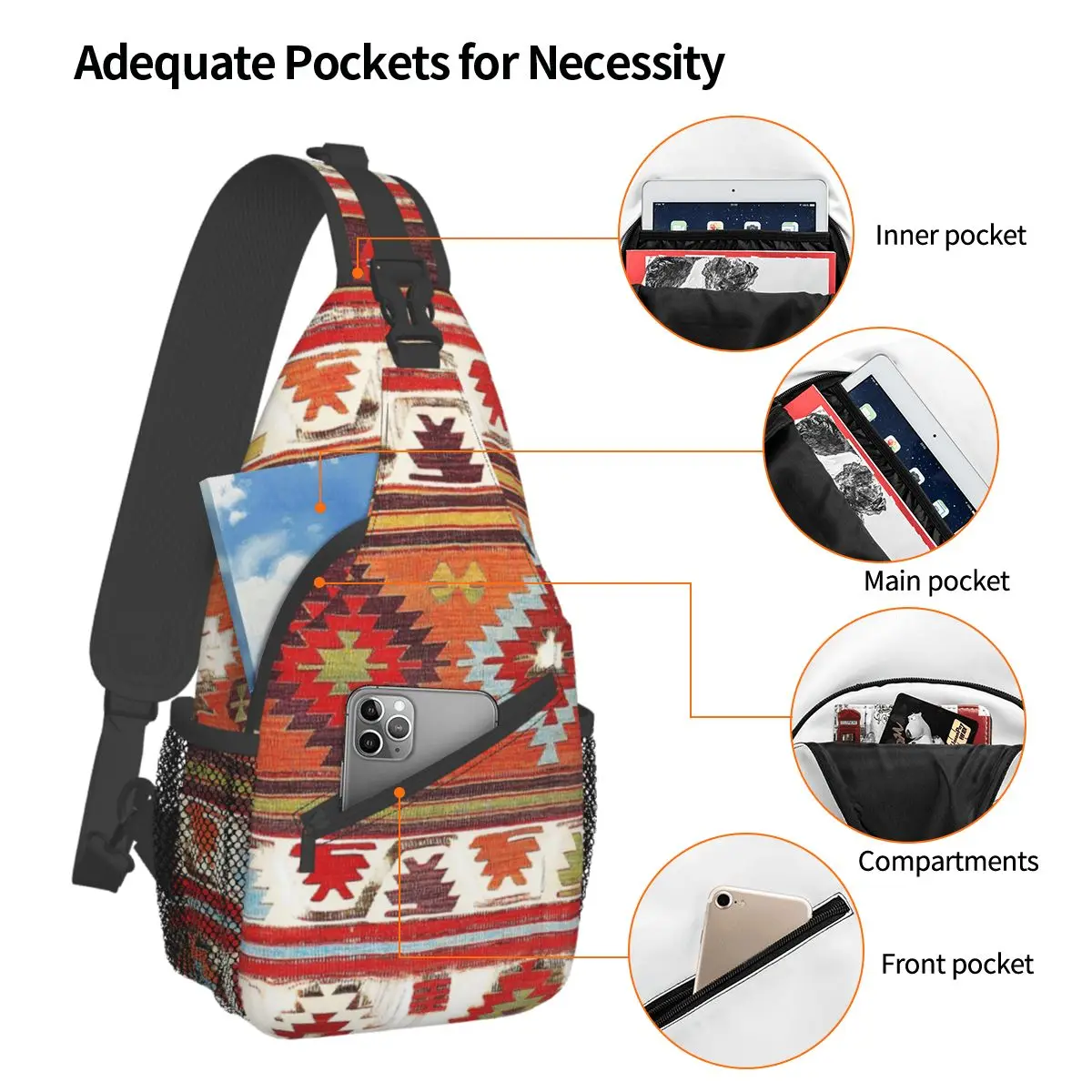 Konya Kilim Crossbody Sling Bag Small Chest Bag Bohemian Turkish Persian Shoulder Backpack Daypack Hiking Outdoor Sports Pack