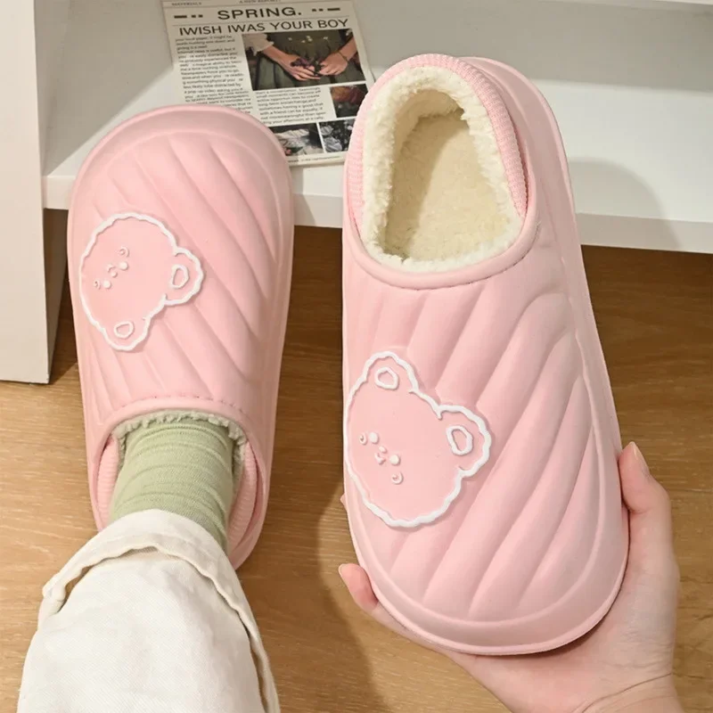 Outdoors Winter Women Men Cotton Cartoon Slippers Home Thick Flat Platform Fur NonSlip Plush Waterproof Slip On Ladies Shoes