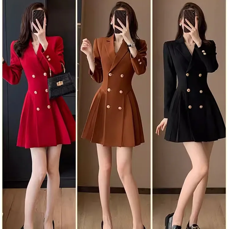 Red Suit Dress For Women Spring Autumn 2024 New Pleated High Waist Double Breasted Temperament Goddess Commuting Women Dress 582