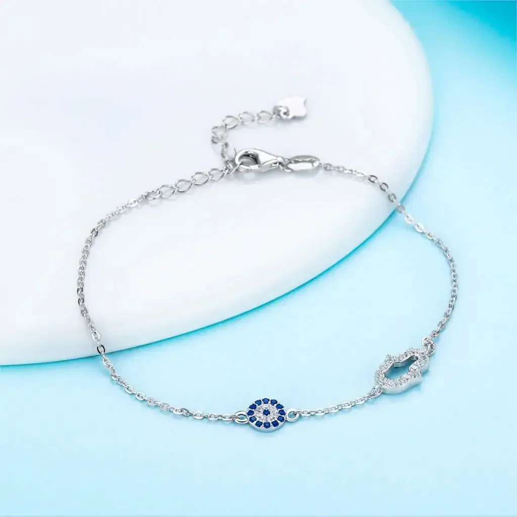 TONGZHE Evil Eye Bracelets for Women Lucky 925 Sterling Silver Bracelet Blue Eye Hamsa Hand Fatima Hand Turkey Jewelry