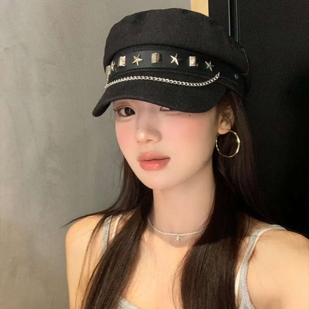 

Fashion Cloth Rivet Denim Beret Korean Style British Style Denim Octagonal Hat Cotton Newsboy Cap Retro Painter Hat Ladies