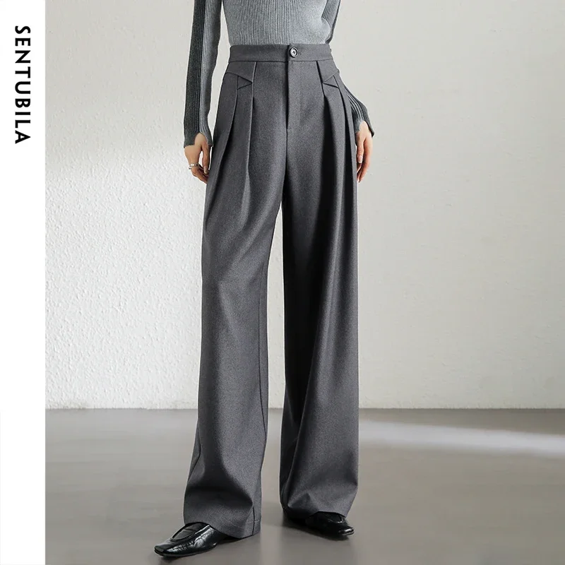 

SENTUBILA Grey Tailored Trousers for Woman 2025 Korean Style Office Lady High Waist Wide-leg Pant Winter Twill Trouser 143K57149