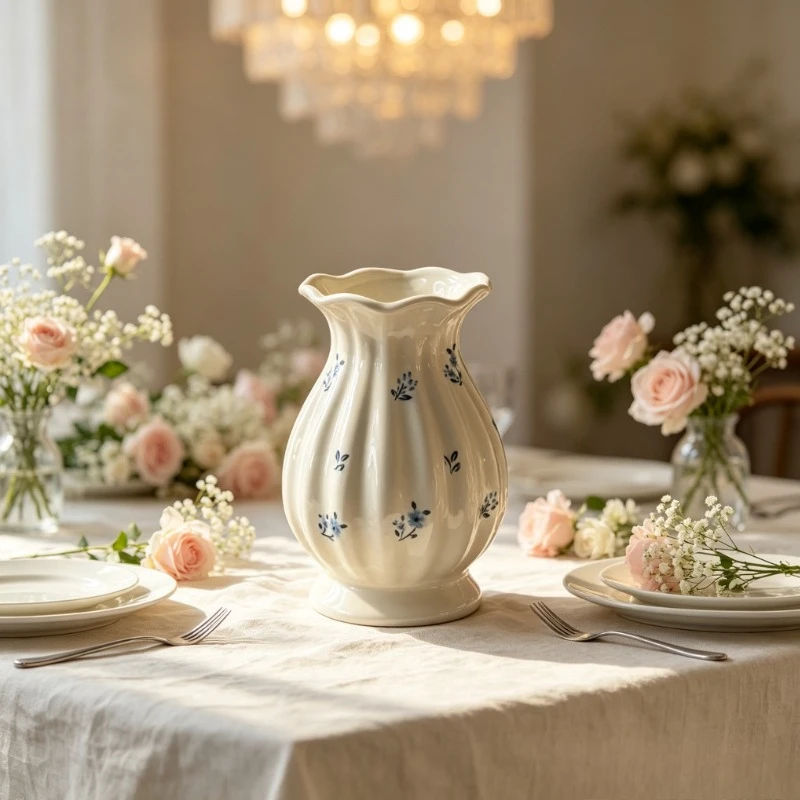 French Vintage Cream Ceramic Vase, Hand-Painted Blue Floral Fluted Flower Holder for Home Table Decor