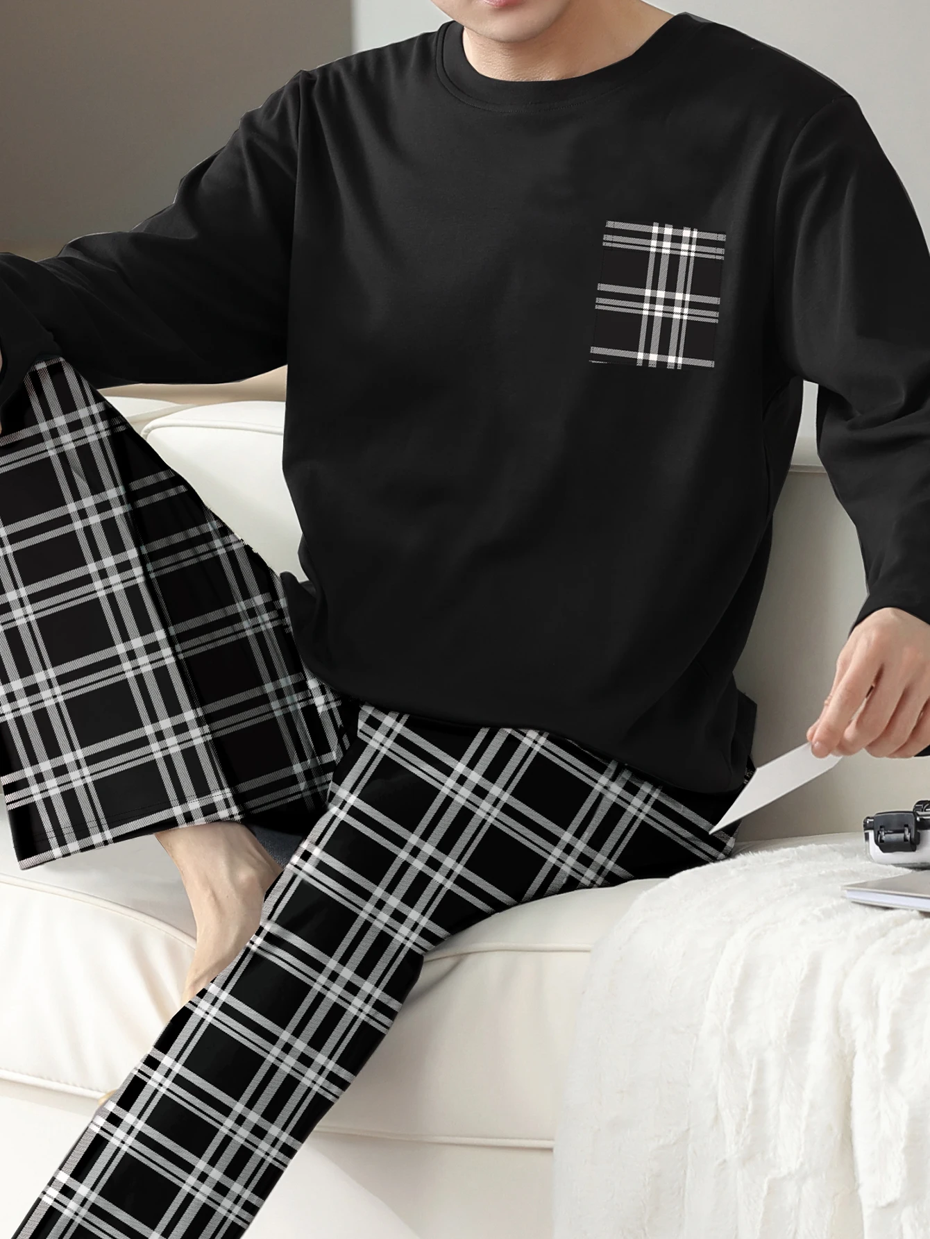 Two piece sets men's pajamas autumn and winter long sleeved pants checkered sleepwear set