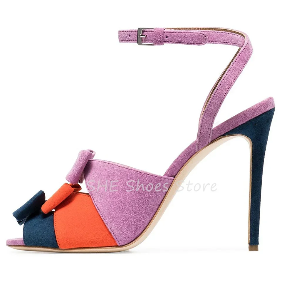 

Romantic Mixed Color Butterfly Knot Women Sandals Suede Patchwork Peep Toe High Heel Slingback Pumps Ladies Ankle Strap Shoes