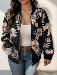 plus size women clothing  women's printed zipper jacket, women's long-sleeved full-body printed baseball zipper jacket