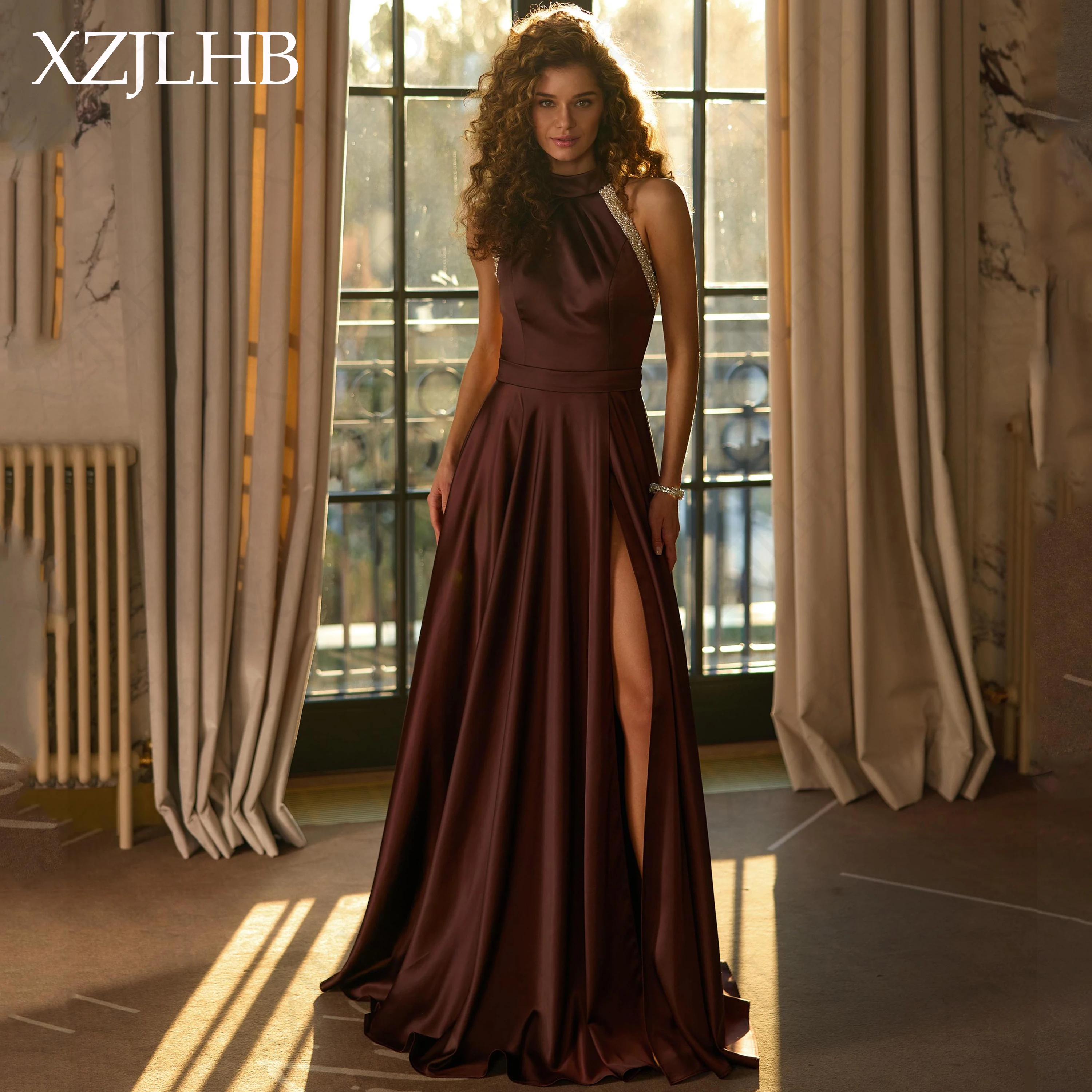 XZJLHB Customized Beaded Satin Evening Gown Halter Sleeveless Party Dresses Luxury 2026 With Split A‑Line Formal Dress