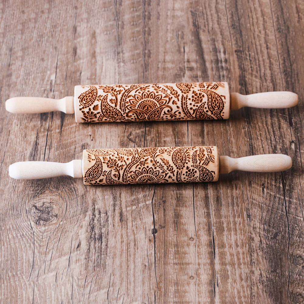 New Big size Tree of Life Deep Engraved Wooden Embossed Cookie Flower Rolling Pin for Baking 3D Mold