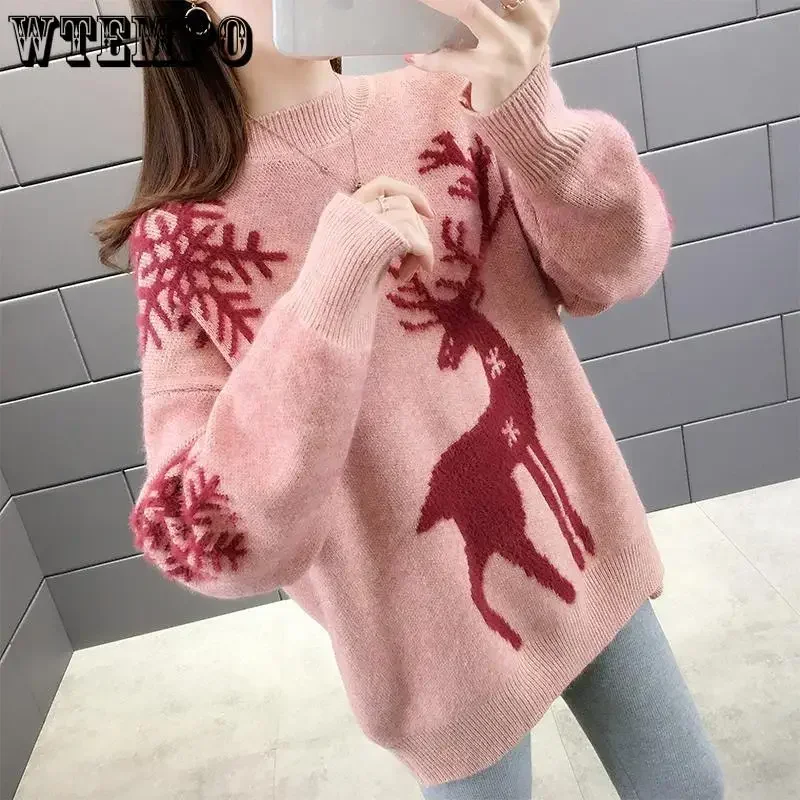 WTEMPO Christmas New Year Loose Knitted Sweaters Women Autumn Winter Warm Pullover Top All Match Sweater Bottoming Shirt Female