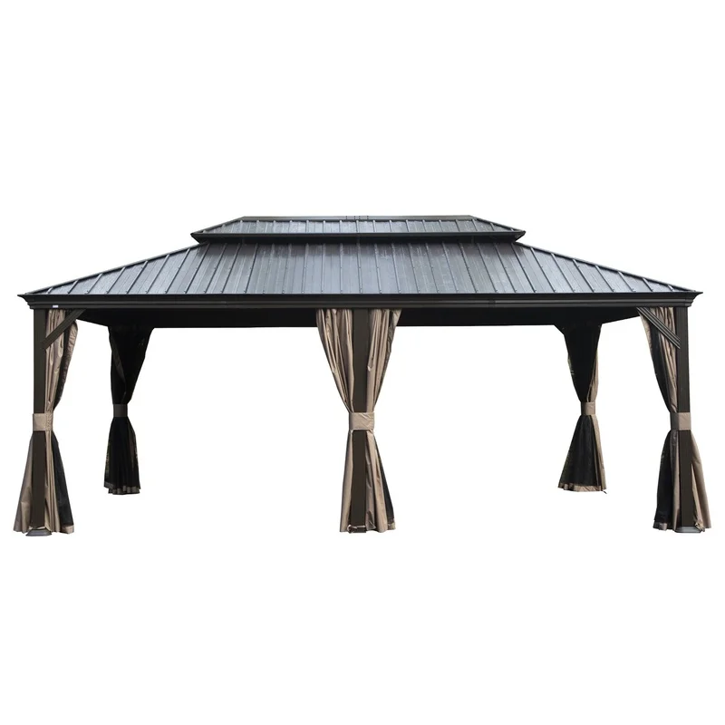 

12x18 ft Hardtop Gazebo with Drainage, Dual-Layer Galvanized Roof, Curtains, Netting, Outdoor Patio Shelter, Brown