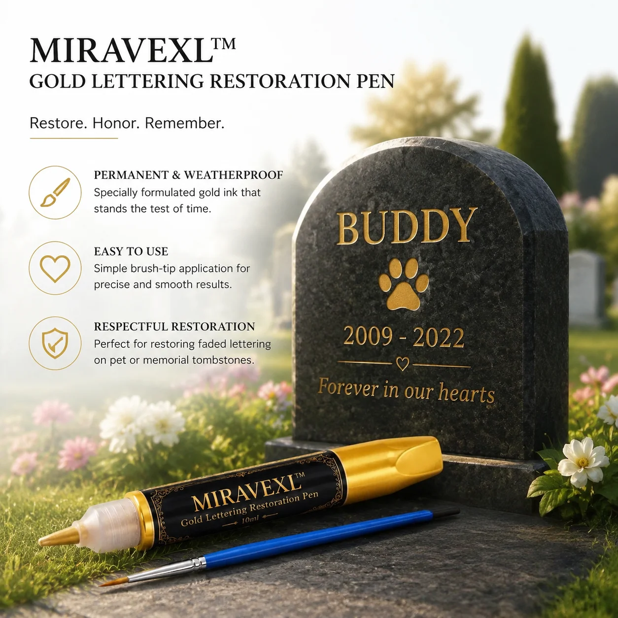 Headstone Paint Touch-Up Set - Professional Gold Ink Restoration Marker & Fine Brush For Memorial Engraving and Lettering